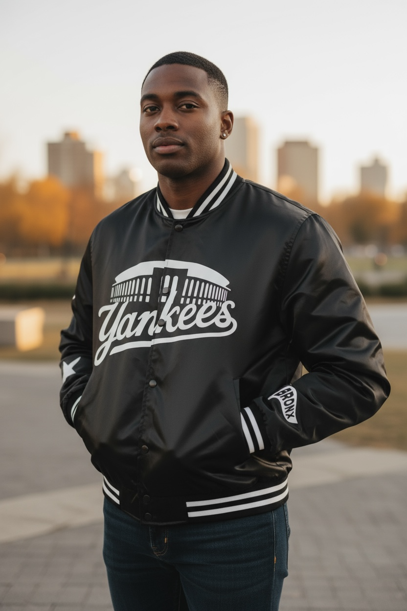 BIG BRONX ENERGY- Black Satin Bomber jacket.