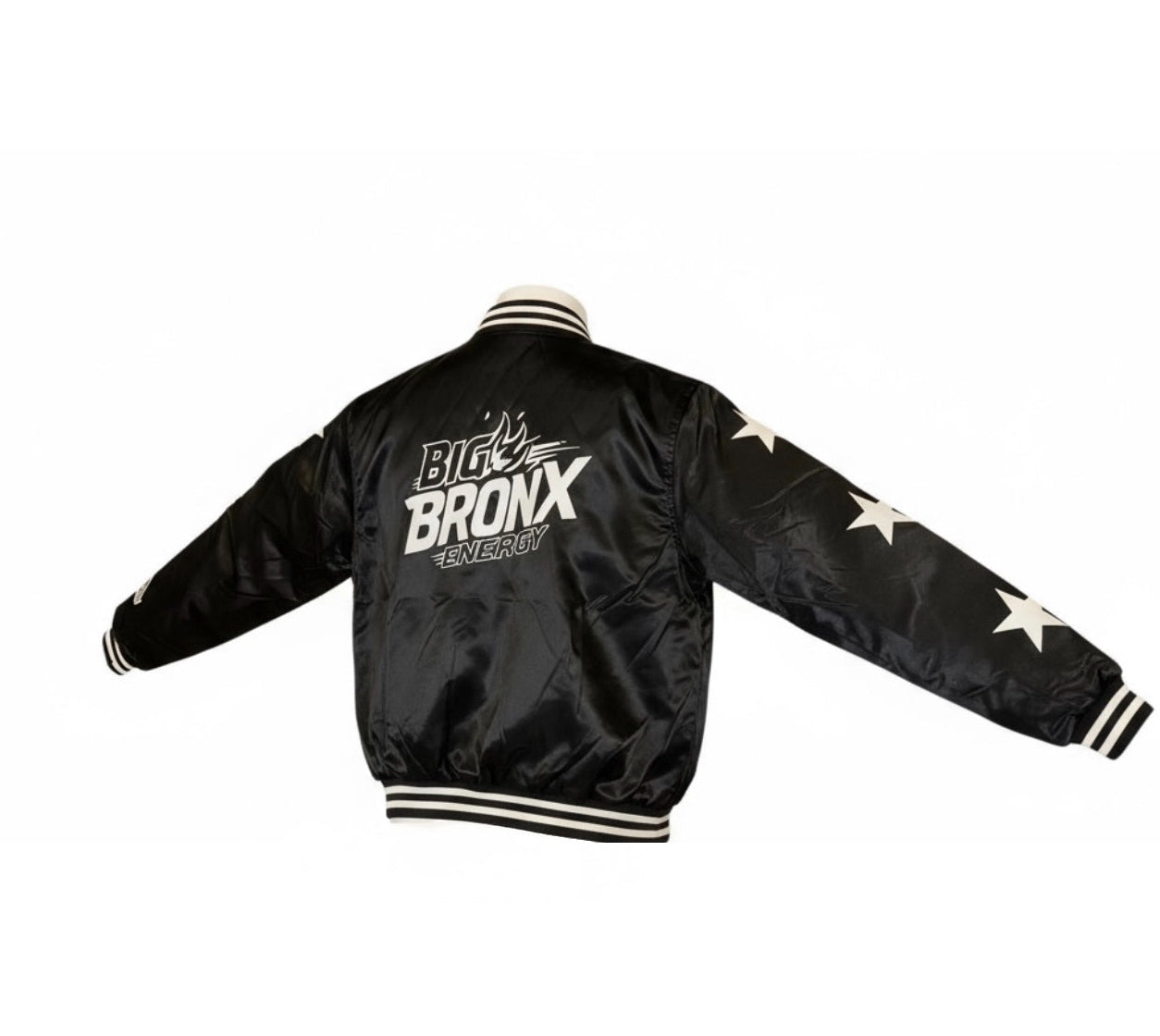 BIG BRONX ENERGY- Black Satin Bomber jacket.