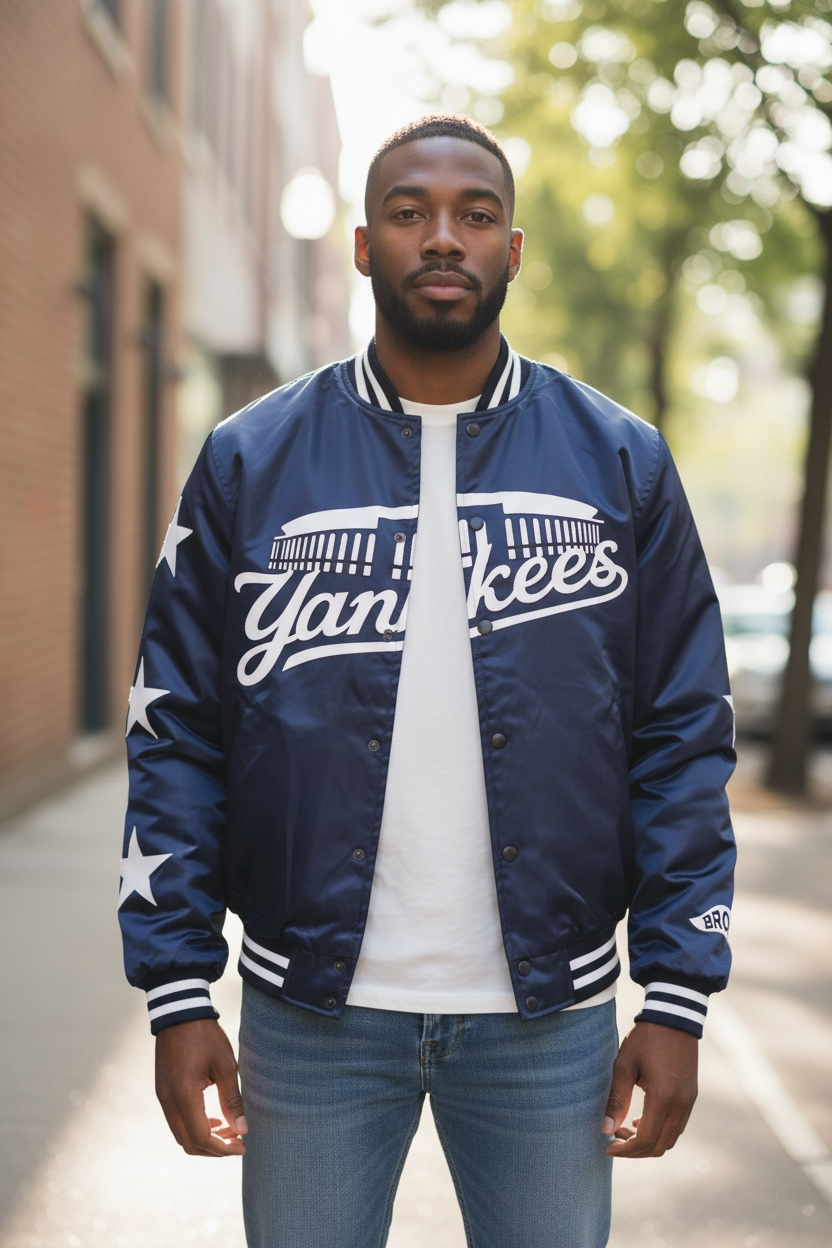 NAVY BLUE BIG BRONX ENERGY SATIN BOMBER JACKET/YANKEE EDITION.