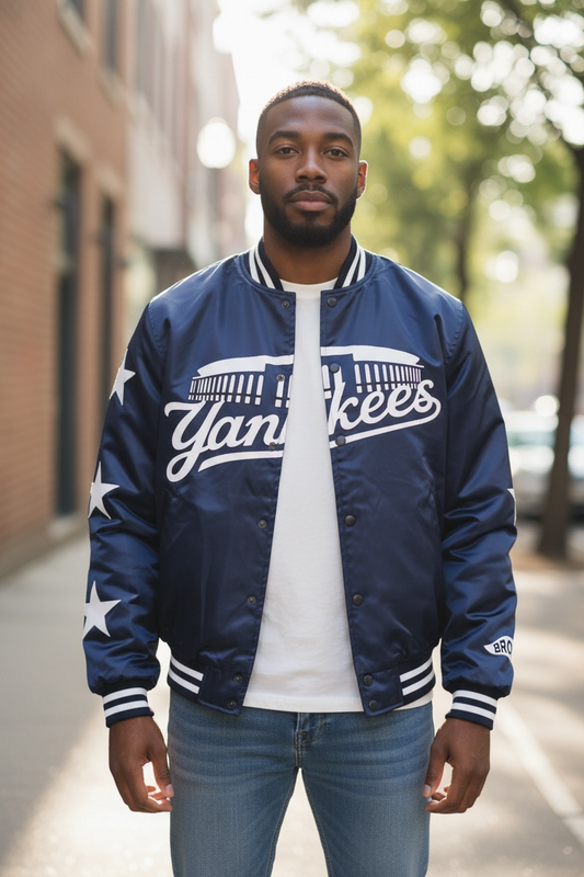 NAVY BLUE BIG BRONX ENERGY SATIN BOMBER JACKET/YANKEE EDITION.