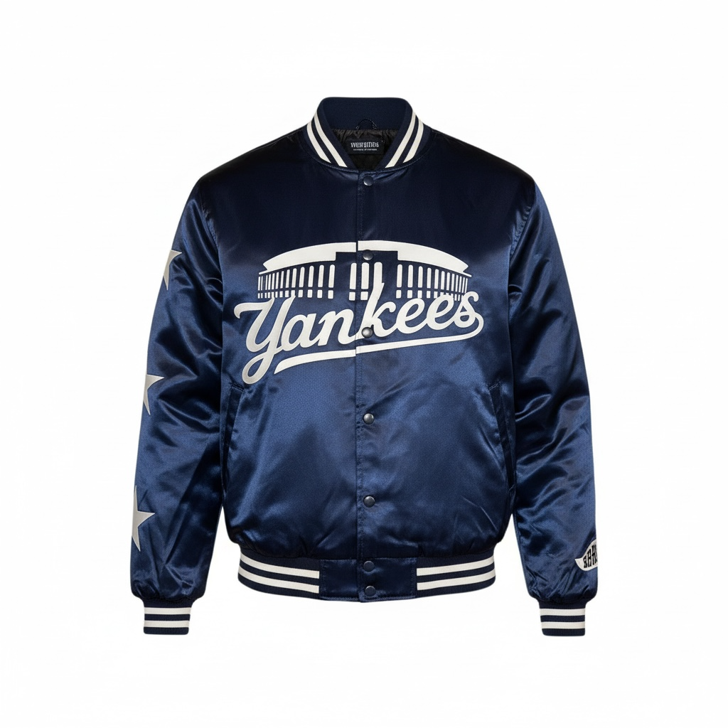 NAVY BLUE BIG BRONX ENERGY SATIN BOMBER JACKET/YANKEE EDITION.