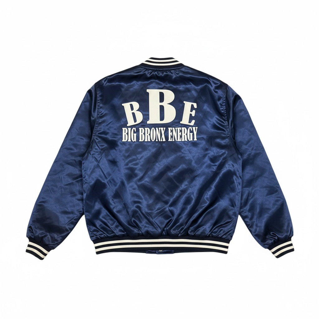 NAVY BLUE BIG BRONX ENERGY SATIN BOMBER JACKET/YANKEE EDITION.